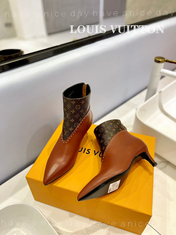 LV Cherie Ankle Boots 4.5cm Brown Calfskin Monogram Canvas
