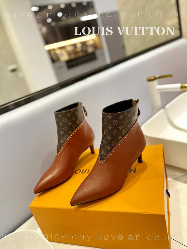 LV Cherie Ankle Boots 4.5cm Brown Calfskin Monogram Canvas