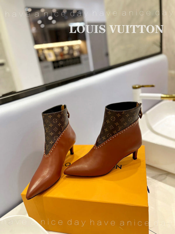 LV Cherie Ankle Boots 4.5cm Brown Calfskin Monogram Canvas