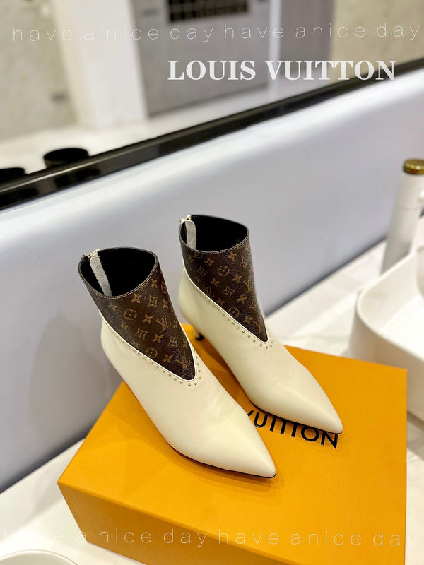 LV Cherie Ankle Boots 4.5cm Cream Calfskin Monogram Canvas