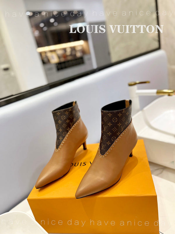 LV Cherie Ankle Boots 4.5cm Light Brown Calfskin Monogram Canvas