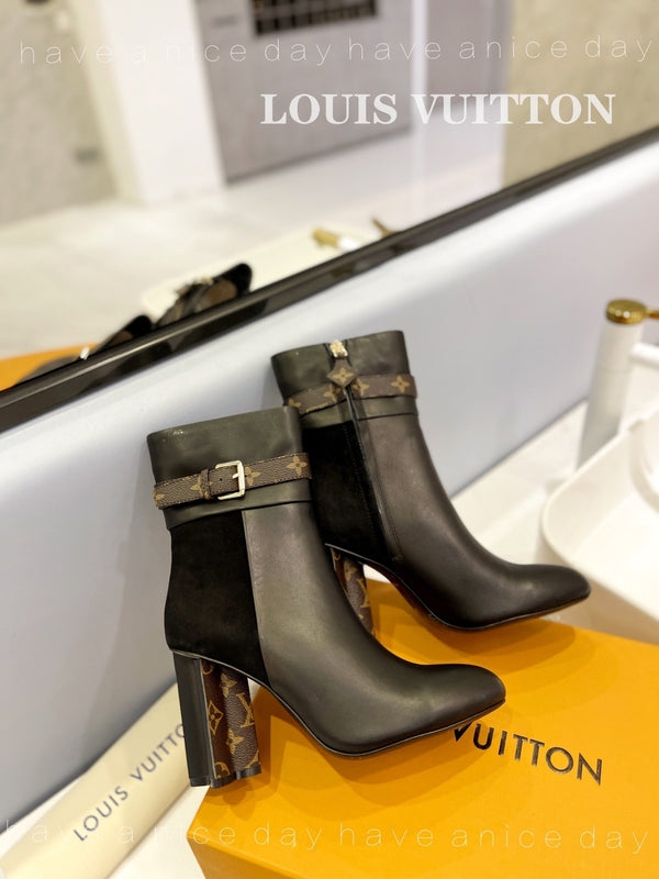 LV 26s Silhouette Ankle Boot 10cm Black Cowhide Suede & Monogram Canvas 574331