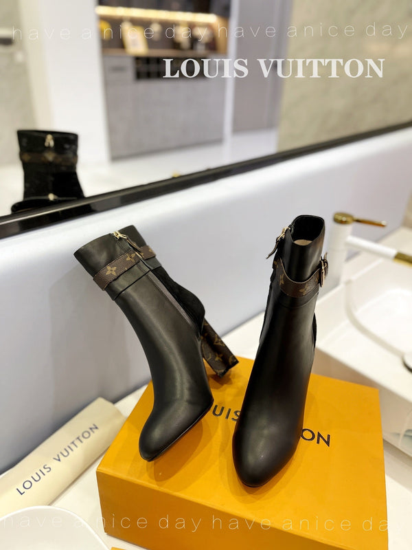 LV 26s Silhouette Ankle Boot 10cm Black Cowhide Suede & Monogram Canvas 574331