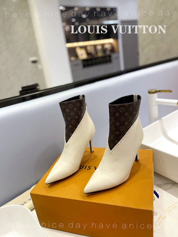 LV Cherie Ankle Boots 9cm Cream Calfskin Monogram Canvas