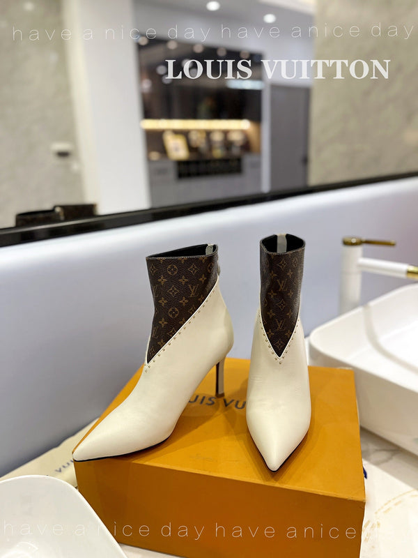 LV Cherie Ankle Boots 9cm Cream Calfskin Monogram Canvas