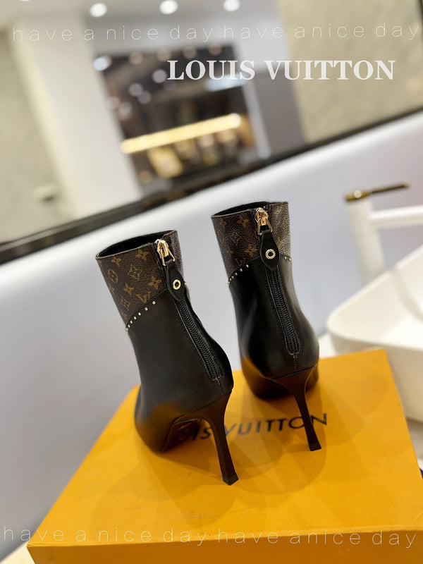 LV Cherie Ankle Boots 9cm Black Calfskin Monogram Canvas