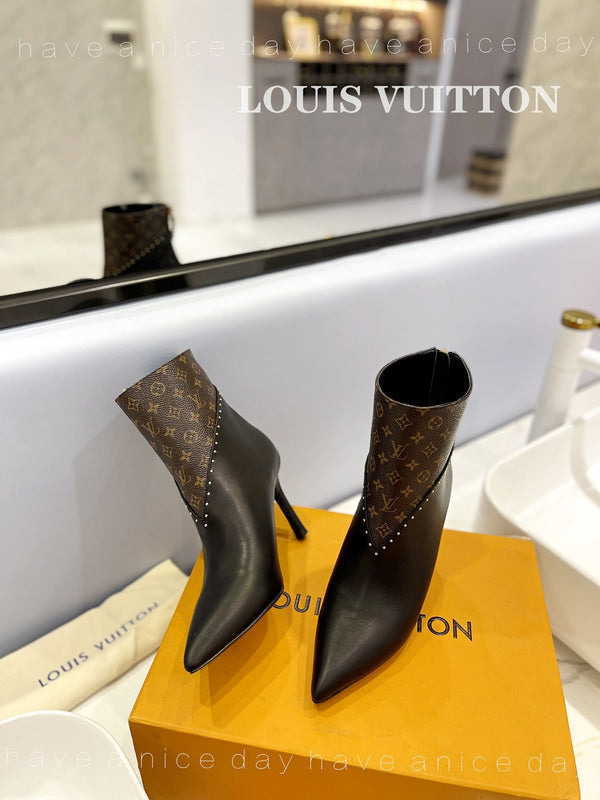 LV Cherie Ankle Boots 9cm Black Calfskin Monogram Canvas