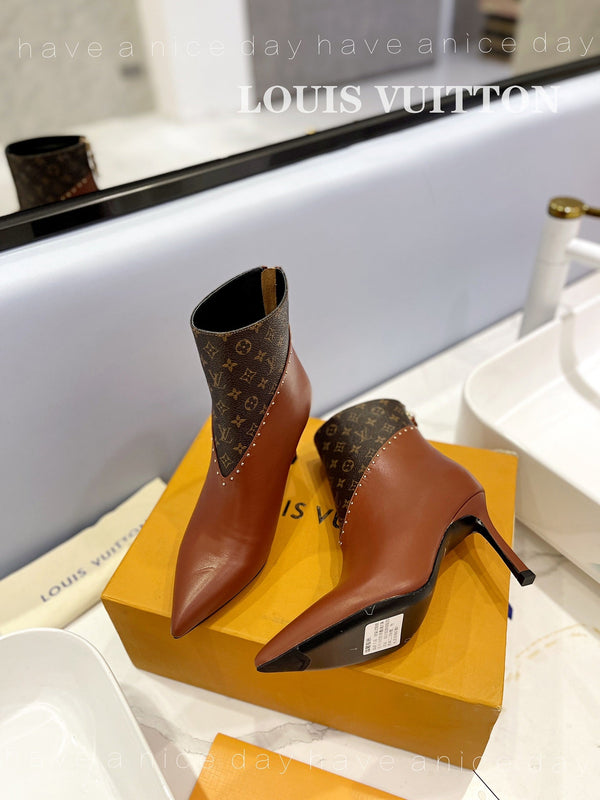 LV Cherie Ankle Boots 9cm Brown Calfskin Monogram Canvas