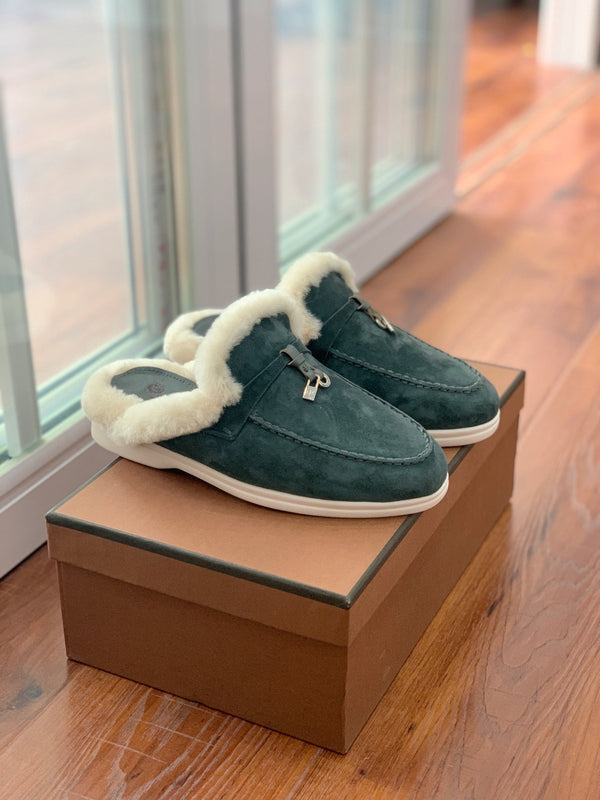 LP 26s Charms Walk Mules 2cm Dark Green Suede 110925