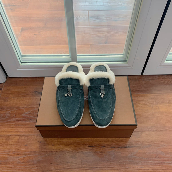 LP 26s Charms Walk Mules 2cm Dark Green Suede 110925