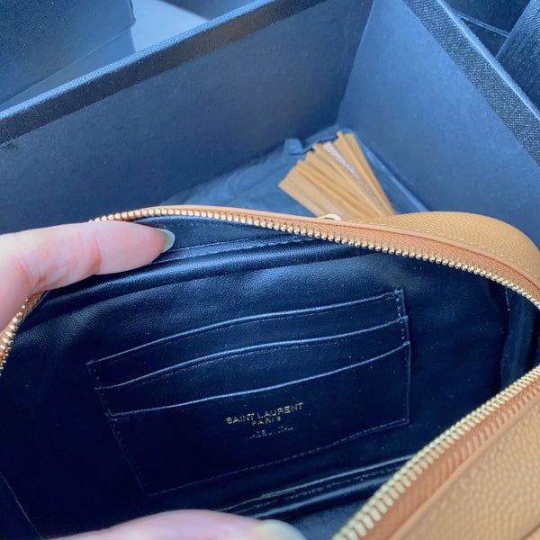 LOU MINI CAMERA BAG 19 IN MANGO ORANGE CAVIAR PATTERN CALFSKIN GOLD HARDWARE