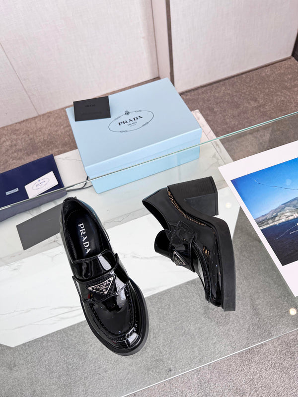 Prada 26S 8cm Block Heel Loafers Black Brushed Leather 147121