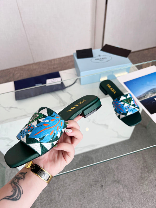 Prad 26s Floral Print Slides Teal Green Blue Leather Cotton 986594
