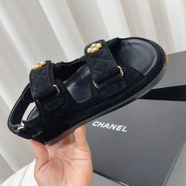 CC 26s Sandals Black Suede Pearl Camellia Embellishment