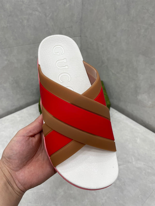 GG Striped Rubber Slides White Red Rubber 788222