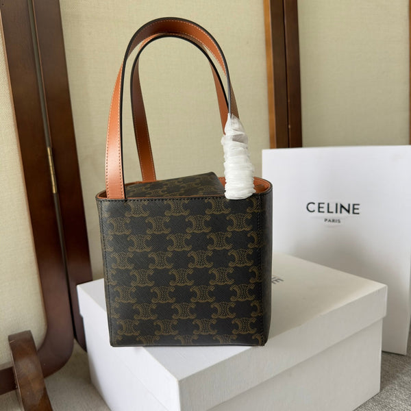 CUBE BAG 15 IN BLACK TRIOMPHE CANVAS AND BROWN CALFSKIN