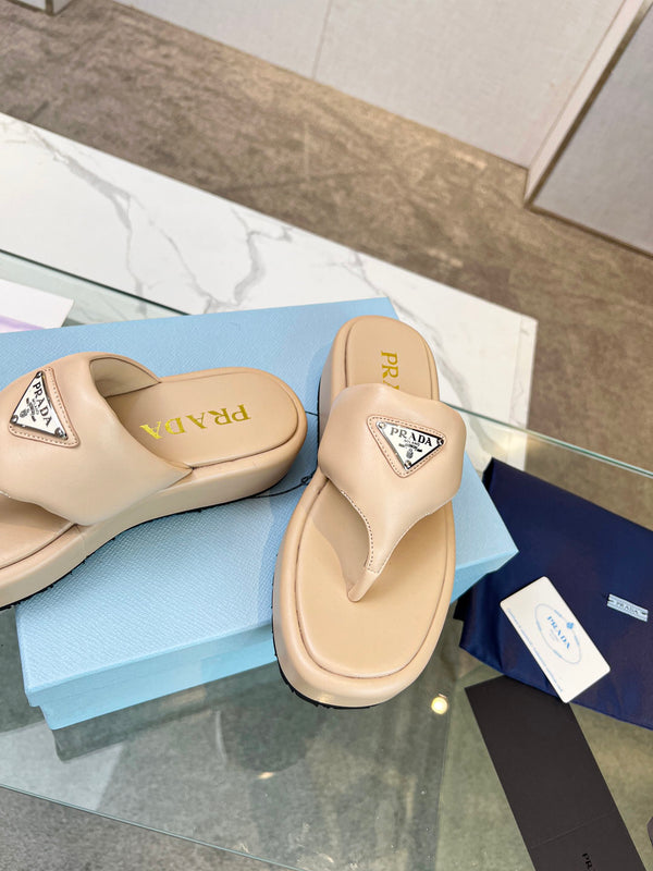 Prad 26s Platform Thong Sandals Beige Leather 140399