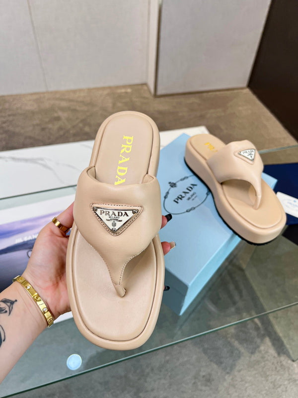 Prad 26s Platform Thong Sandals Beige Leather 140399