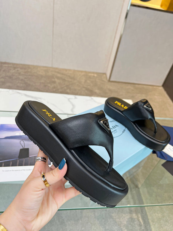Prad 26s Platform Thong Sandals Black Leather 140401
