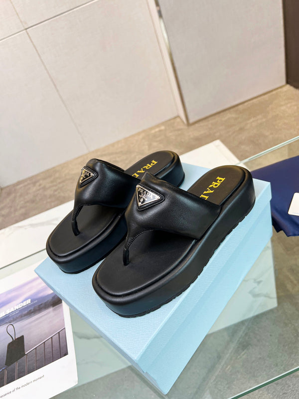 Prad 26s Platform Thong Sandals Black Leather 140401