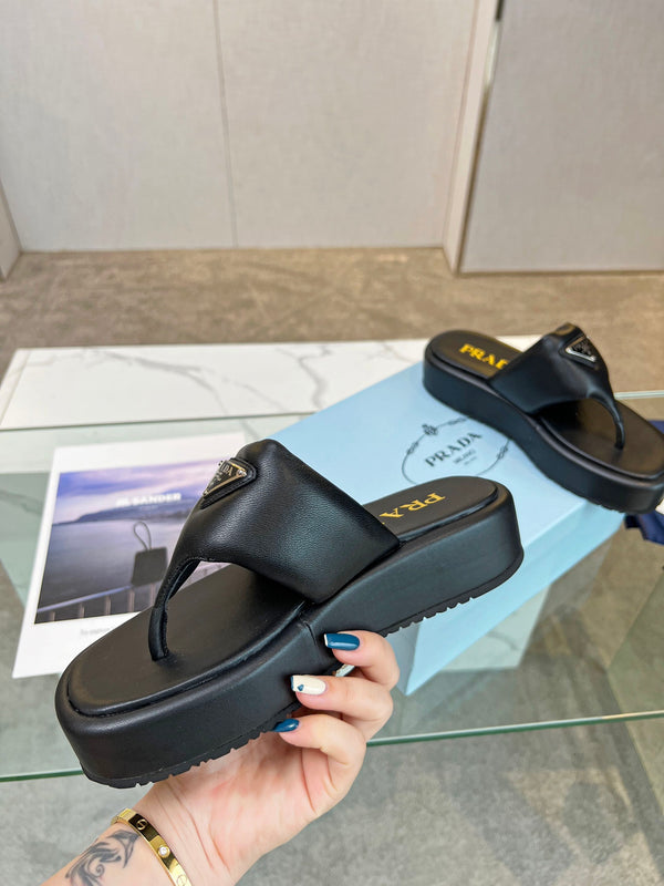 Prad 26s Platform Thong Sandals Black Leather 140401