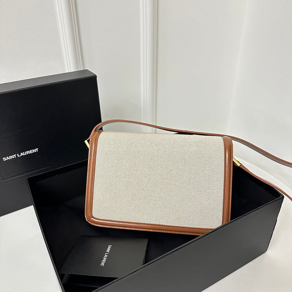 YSL Solferino Small Satchel Bag Brown Beige Gold Calfskin Canvas 339479
