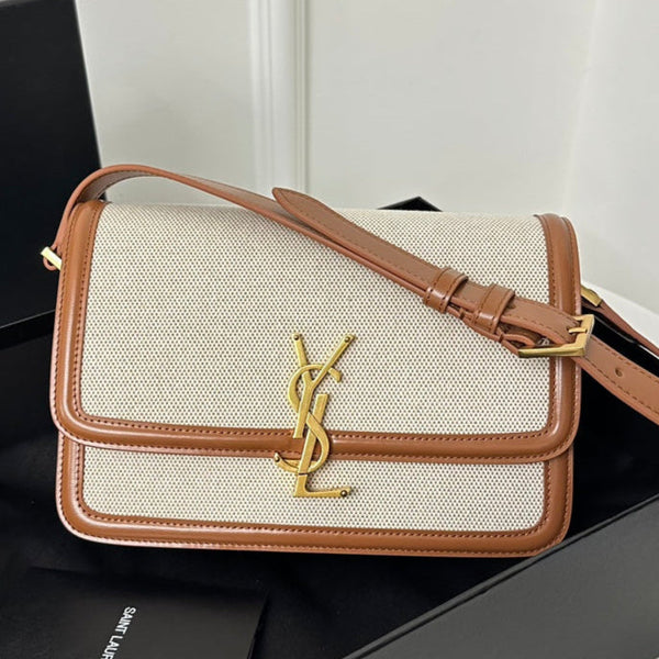 YSL Solferino Small Satchel Bag Brown Beige Gold Calfskin Canvas 339479