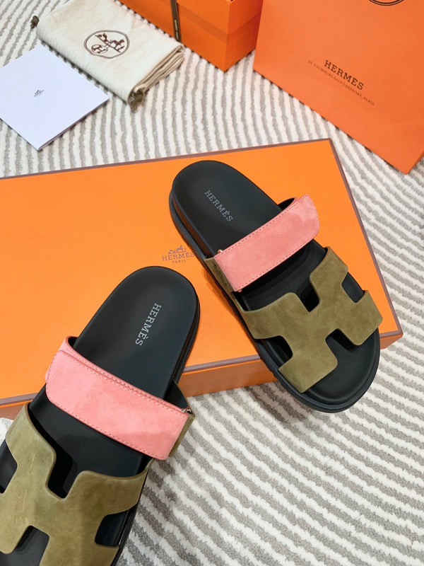 HM Chypre Sandal Moss Green Brown Mix Coral Pink Suede 963244