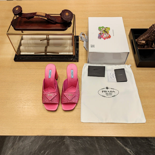Prada 26S Open-Toe Crystal-Embellished Mules 100mm in Fuchsia Pink Satin