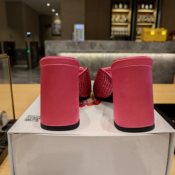 Prada 26S Open-Toe Crystal-Embellished Mules 100mm in Fuchsia Pink Satin