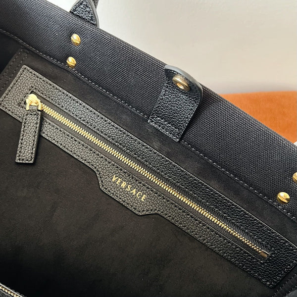 Versace Black Denim Canvas Tote Bag 40 With Cowhide Handle 175560