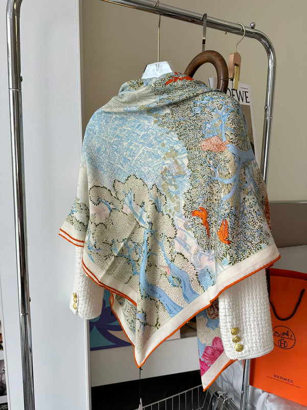 Retour A La Nature Shawl 140 CM Green Gray Colorful Silk