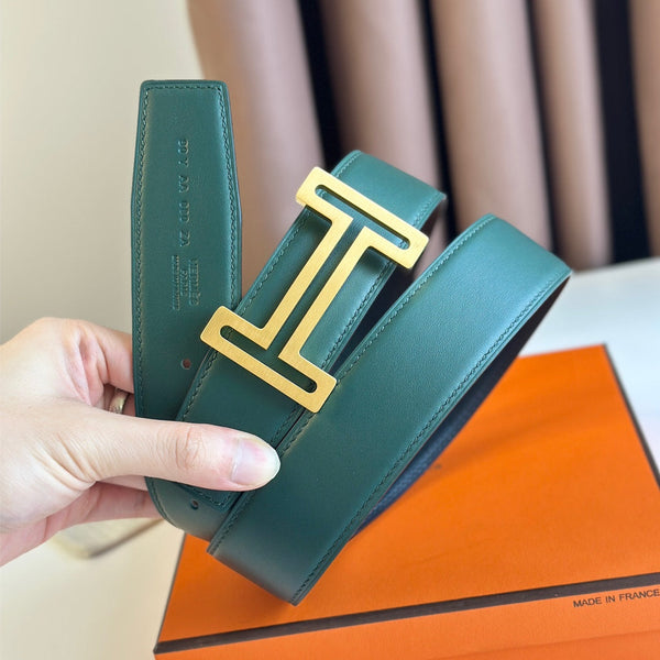 HM BELT BUCKLE & REVERSIBLE TEAL GREEN AND BLACK LEATHER STRAP 38MM GOLD HARDWARE