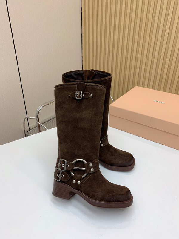 Miu Miu Biker Retro-Style Long Boots Brown Suede 535201