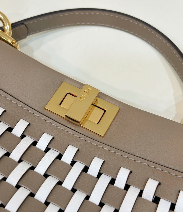 PEEKABOO 24 IN WHITE MIX BROWN INTERLACED CALFSKIN GOLD HARDWARE