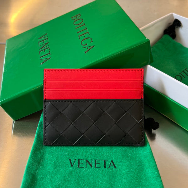 BV Credit Card Case Black Red Intrecciato Leather
