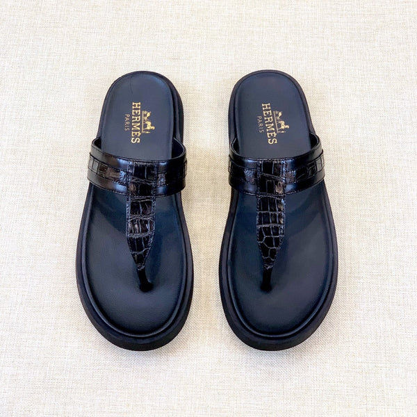 HM Men's Thong Sandals Black Rubber Sheepskin 561667