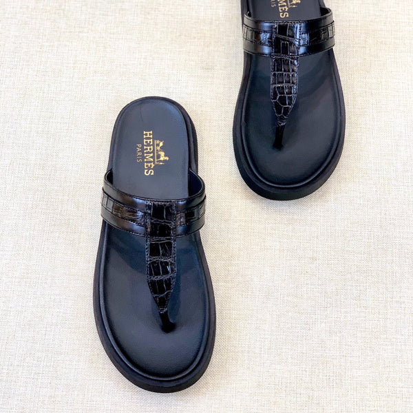 HM Men's Thong Sandals Black Rubber Sheepskin 561667