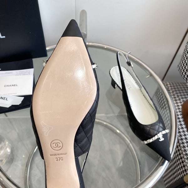 cc slingback pumps 45 black quilted lambskin black grosgrain pointed toe 582849