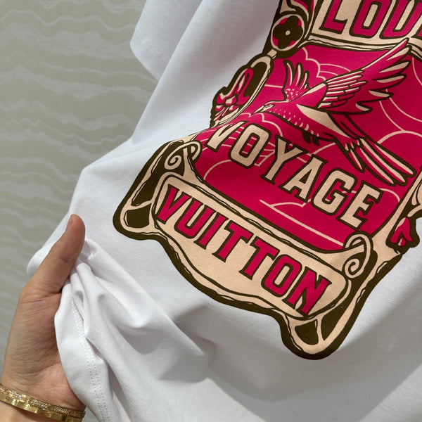 LV Floral Pattern Combined With Flying Birds White Pink Cotton