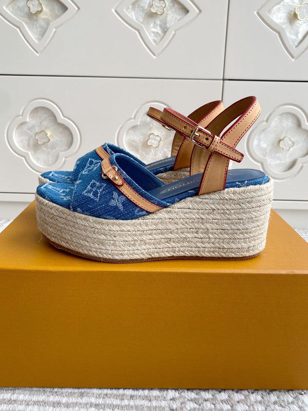 LV Blue Denim Monogram Wedge Sandals 7.5cm Blue Sheepskin Lining 291579