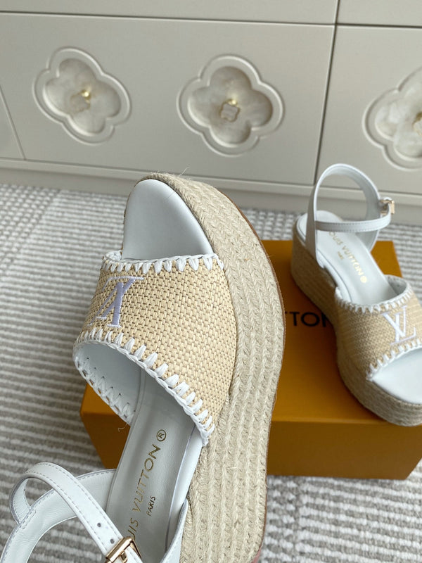 LV Beige·Raffia Straw Wedge Sandals 7.5cm White Lining Leather 291583