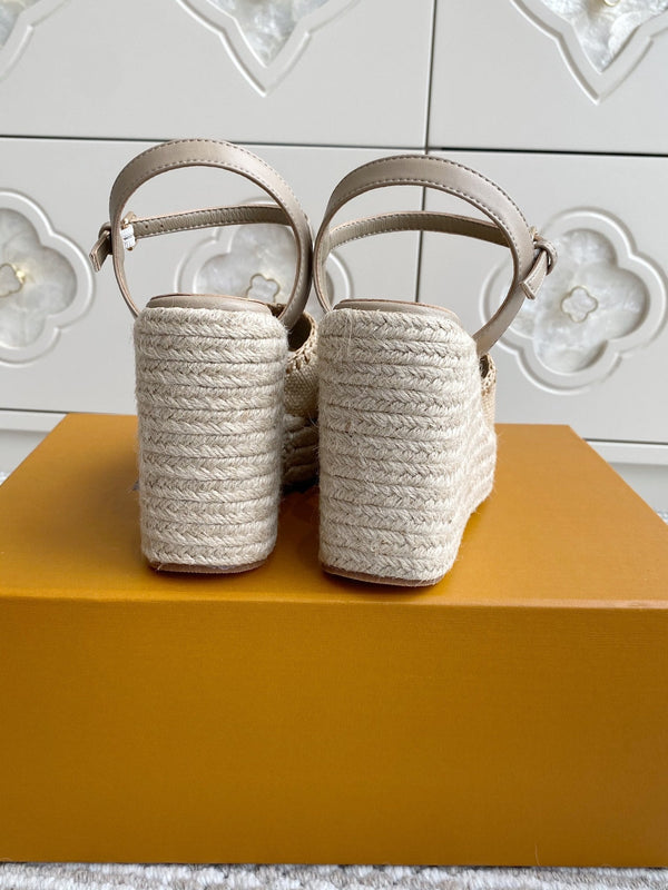 LV Beige·Raffia Straw Wedge Sandals 11.5cm Light Brown Lining Leather 291590