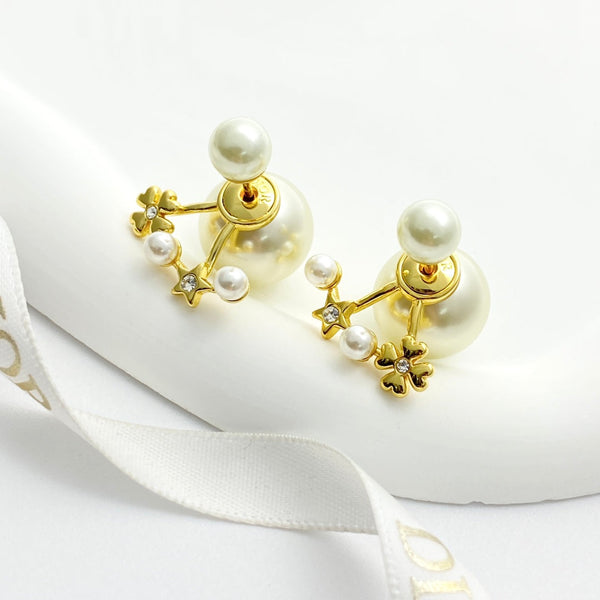 CD 26S Pearl Star Clover Double Stud Earrings In Gold Metal 631770