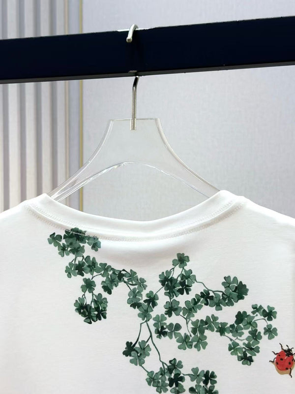 CD Fitted T-Shirt White Cotton Jersey with Green Toile de Jouy Clover Motif
