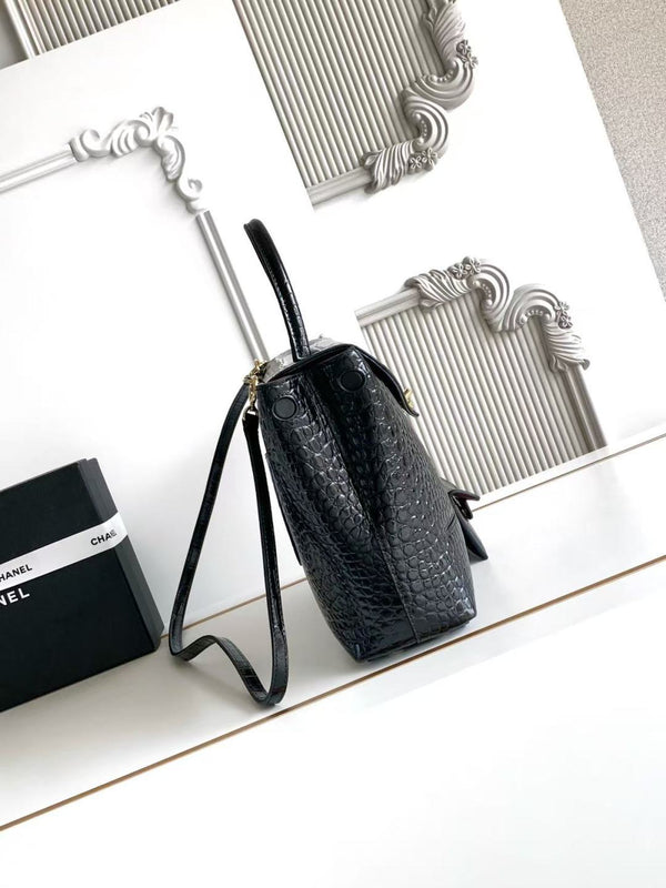 CC 2026 Maxi Top Handle Bag 31cm Black Crocodile Embossed Leather
