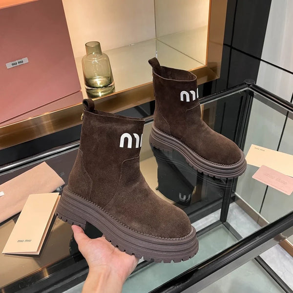 Miu 26s Logo Chunky Ankle Boots Suede