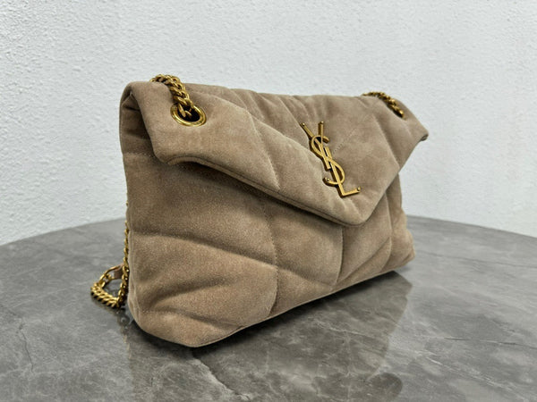 LOULOU PUFFER SMALL 29 LIGHT BROWN SUEDE GHW