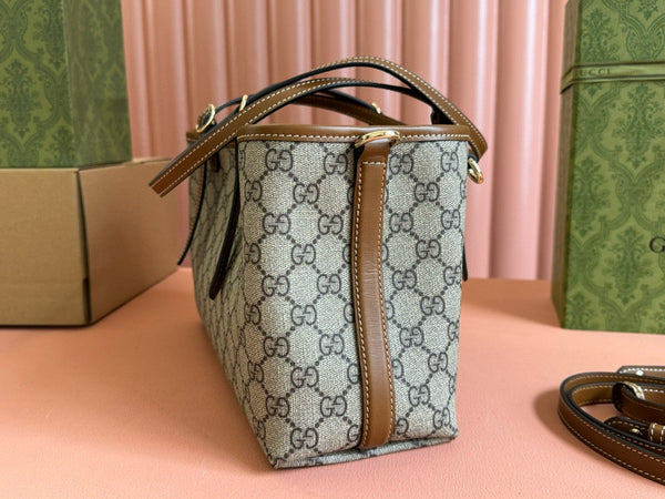Gucci GG Emblem Small Tote Bag Beige Ebony Leather