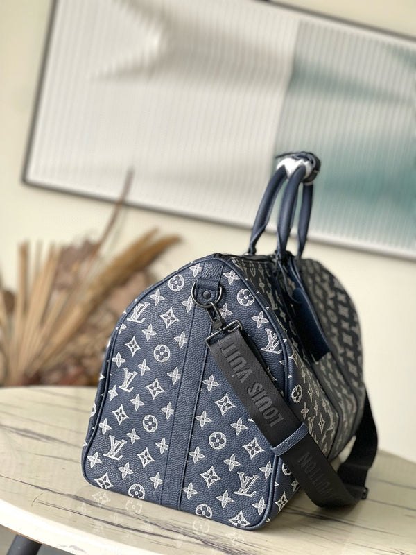 LV Keepall Bandouliere 50 Navy Blue Monogram Shadow Cowhide